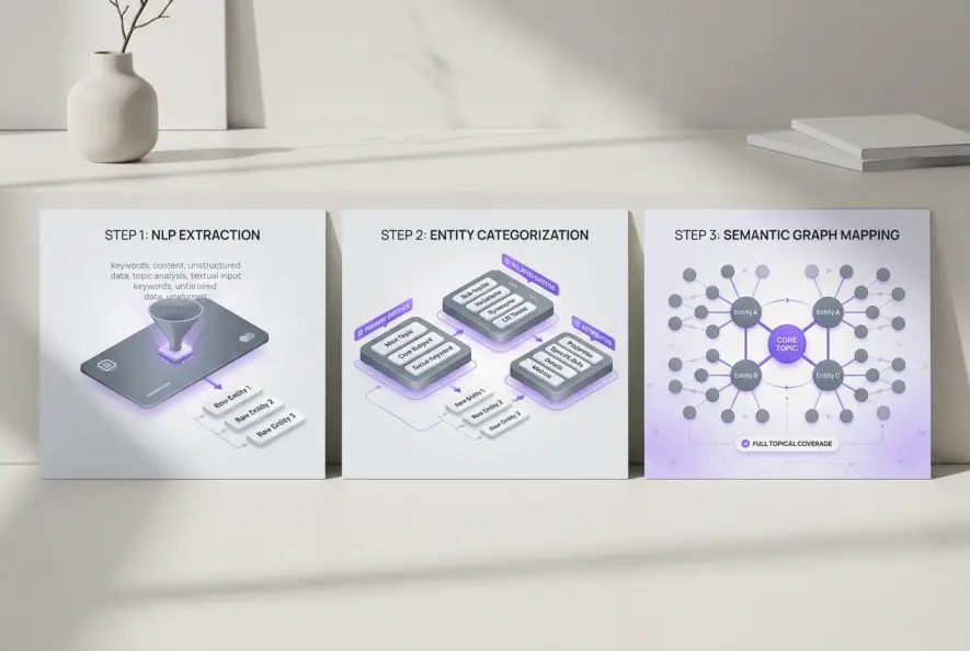 Three-panel step-by-step diagram showing NLP entity extraction, classification, and semantic mapping.