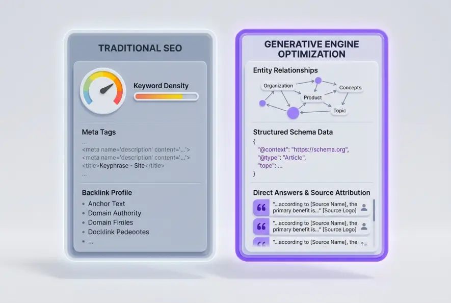 Visual diagram comparing traditional search engine optimization mechanics with generative engine optimization.