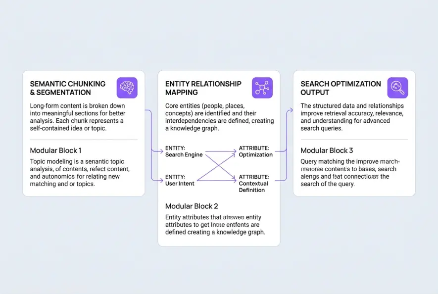 Visual diagram of semantic passage chunking and entity relationship mapping for SEO.