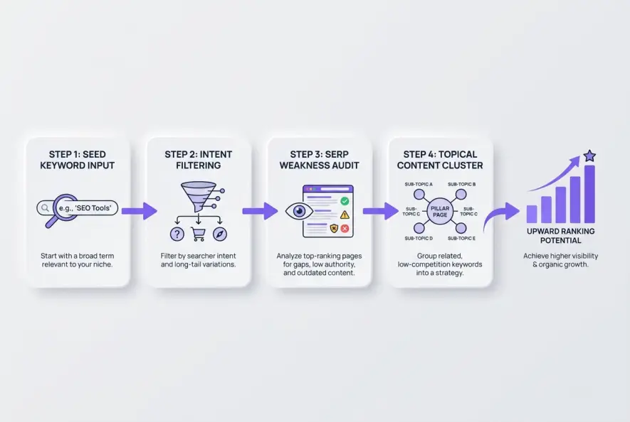 Workflow diagram detailing four steps to research and cluster low-competition keywords for SEO