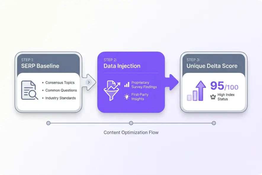 Workflow diagram detailing the 3 steps to incorporate unique data and information gain into content.