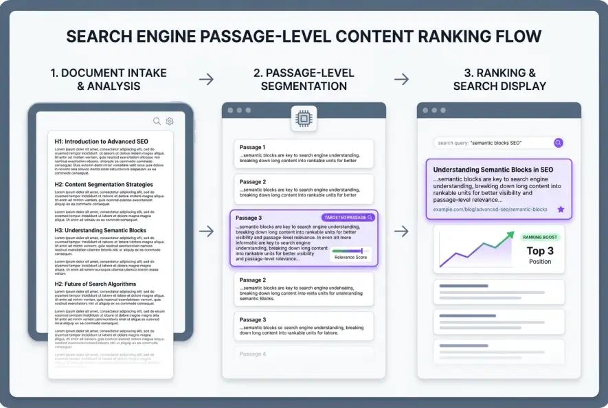 Workflow diagram displaying how search algorithms split articles into semantic passages for targeted search ranking.