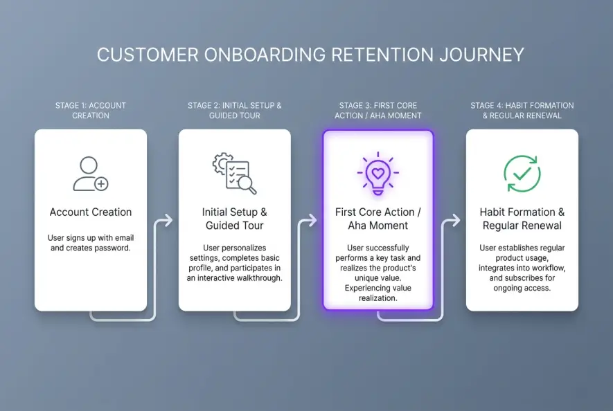 Workflow diagram illustrating four stages of customer onboarding from sign-up to habit formation.