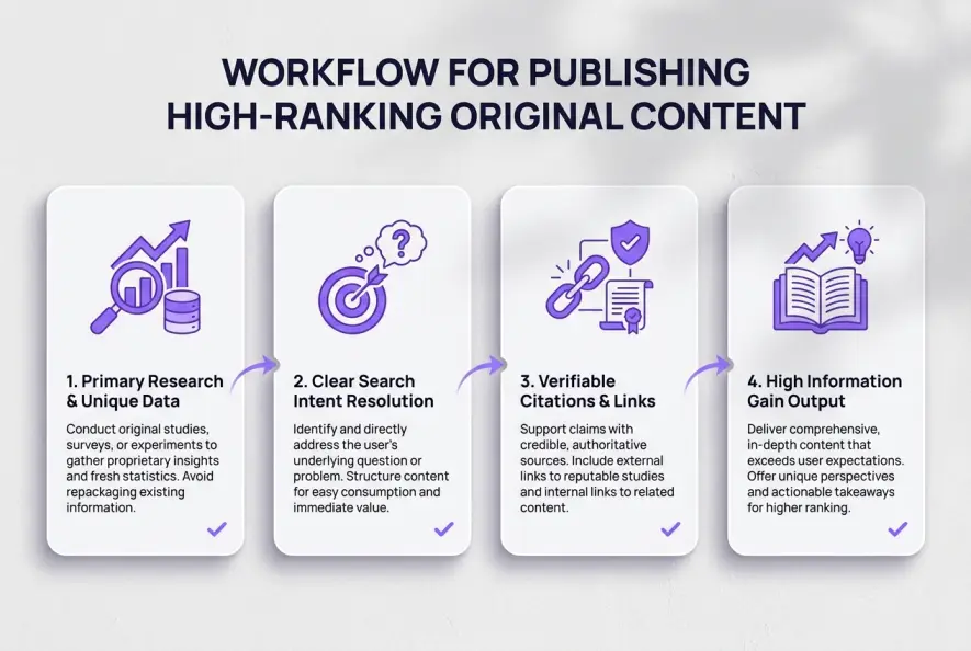 Workflow diagram outlining four steps to create original high-ranking content.