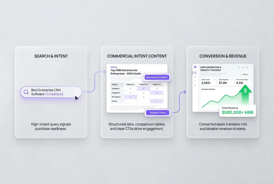 Workflow diagram showing high-intent search content leading directly to customer conversions.