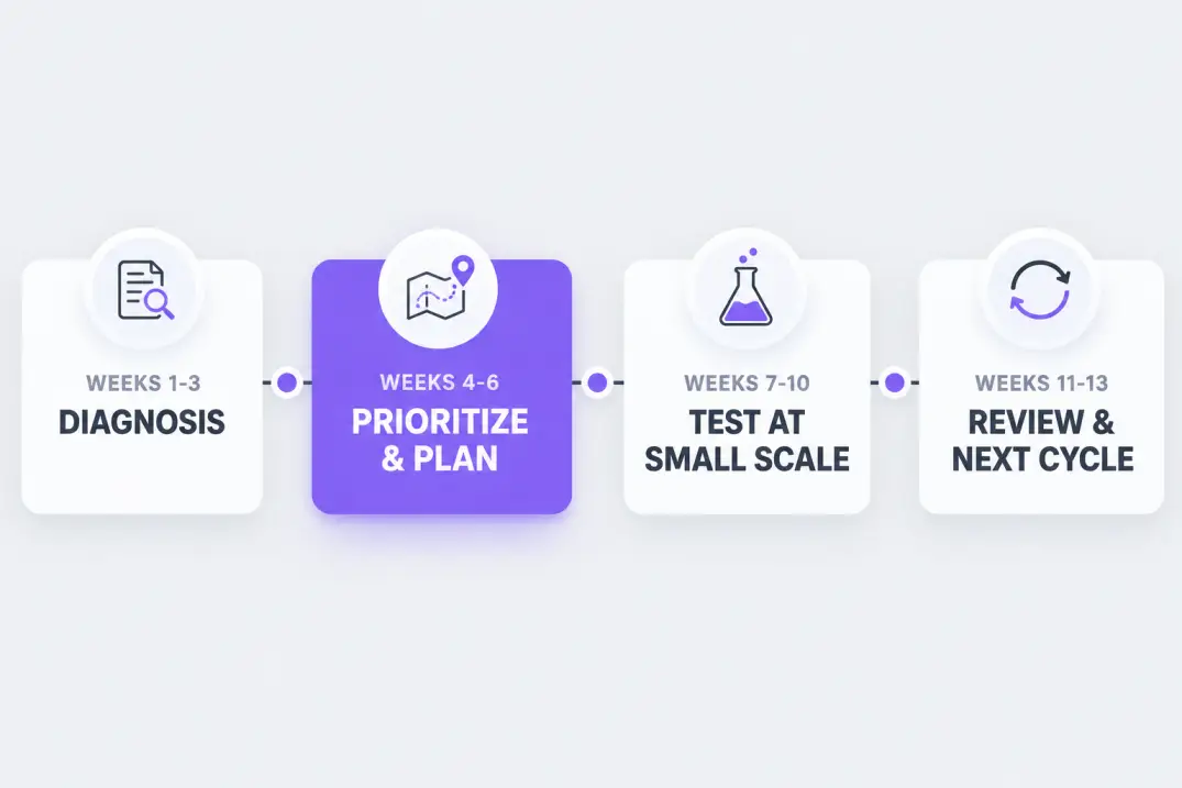 90-day timeline of a business growth strategist engagement from diagnosis to review