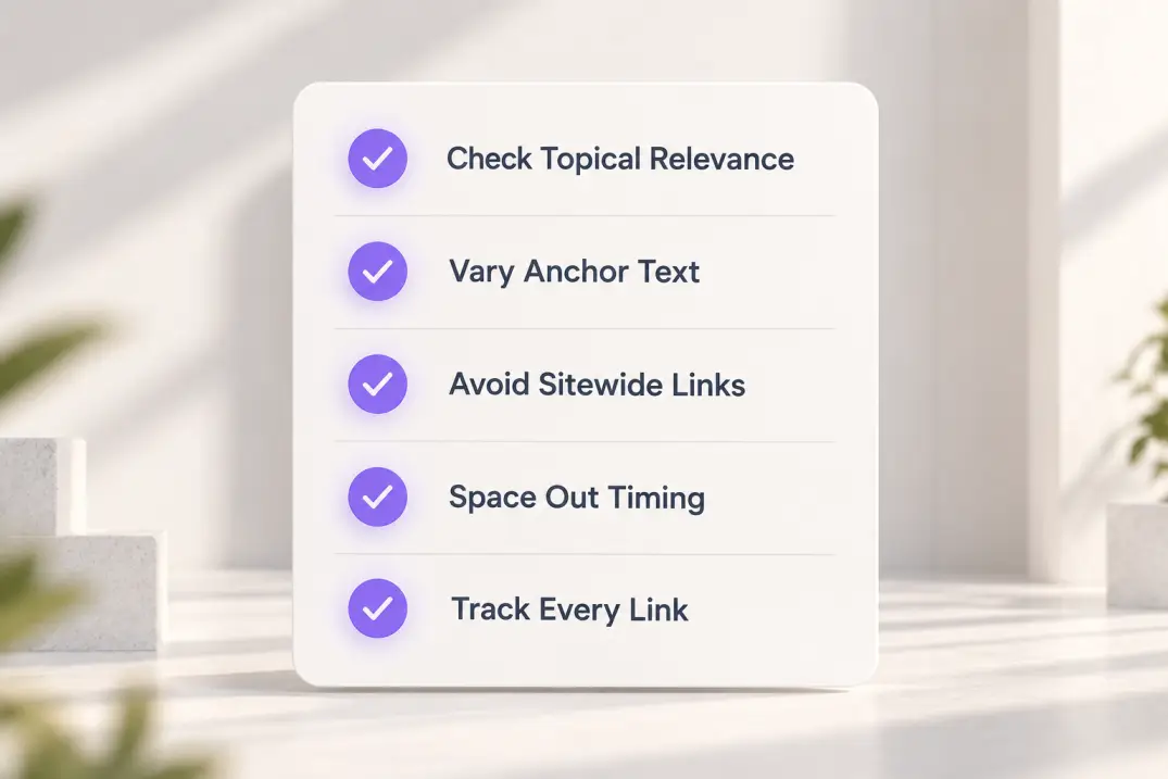 Checklist diagram showing five rules for a safe backlink exchange strategy