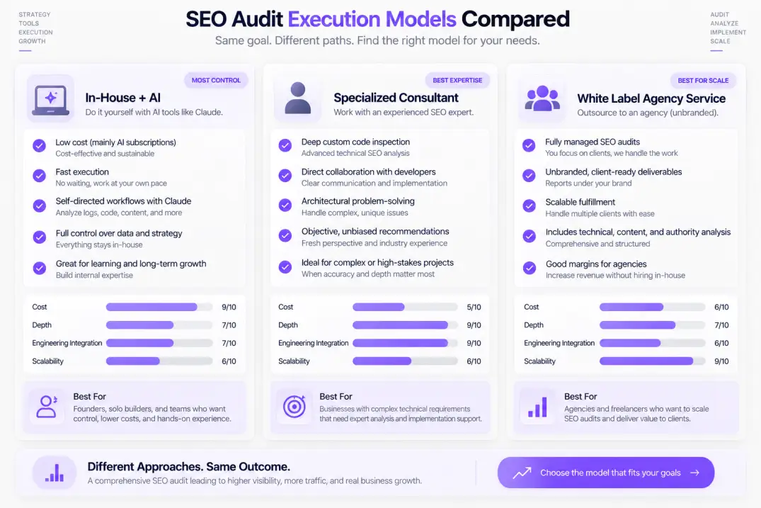 Comparison matrix analyzing in-house AI auditing, independent consultants, and white label SEO audit services.