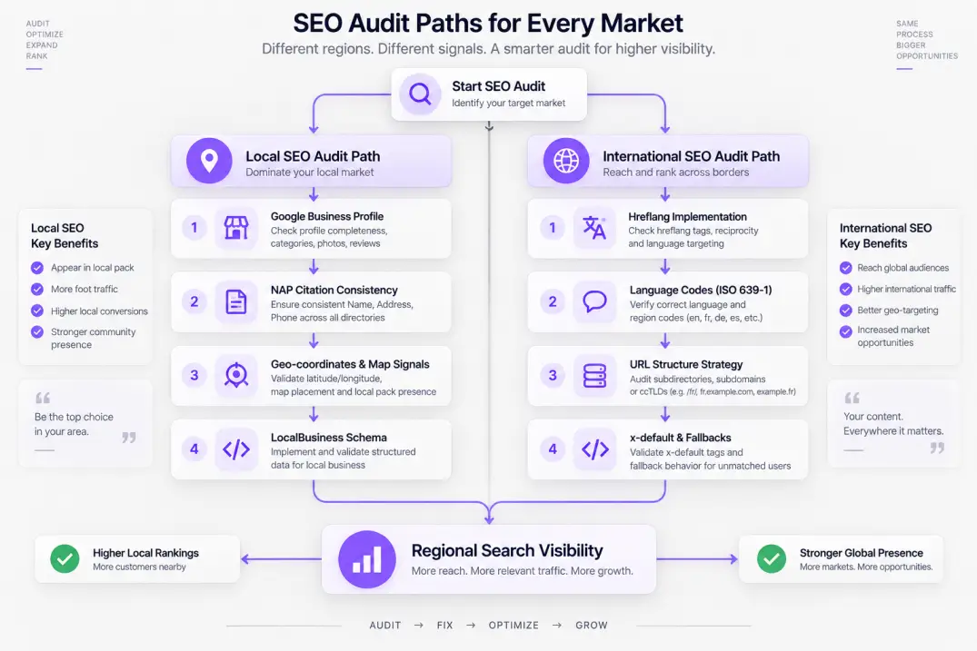 Decision flowchart contrasting local SEO audit checkpoints against international hreflang audit requirements.