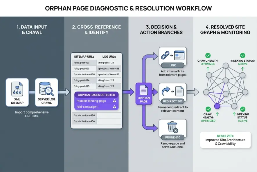 Diagnostic flowchart showing how to detect, analyze, and resolve orphan pages in SEO audits.