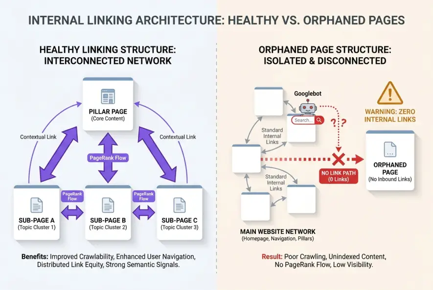 Diagram comparing an interconnected site architecture passing PageRank against isolated orphan pages in SEO.