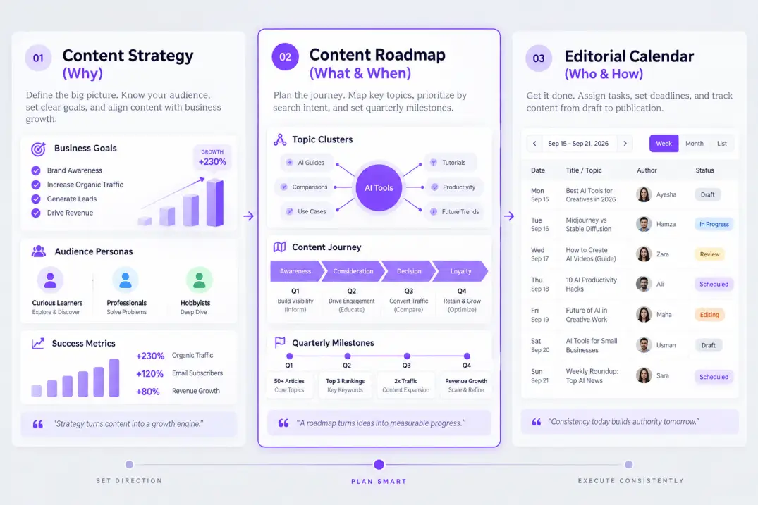 Diagram comparing content strategy vs roadmap vs editorial calendar across business operations