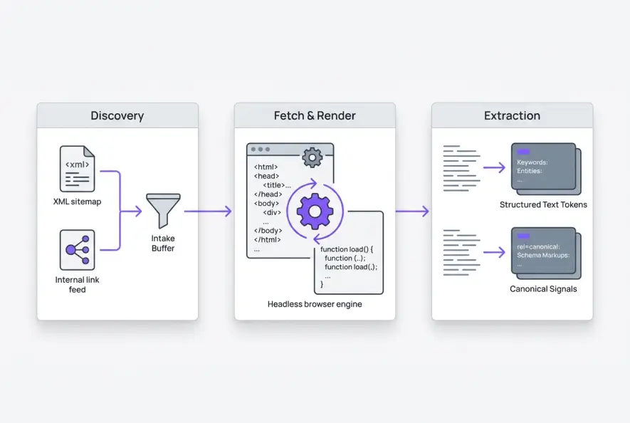 Diagram of discovery, fetch, and rendering stages in how Google ranks new pages.