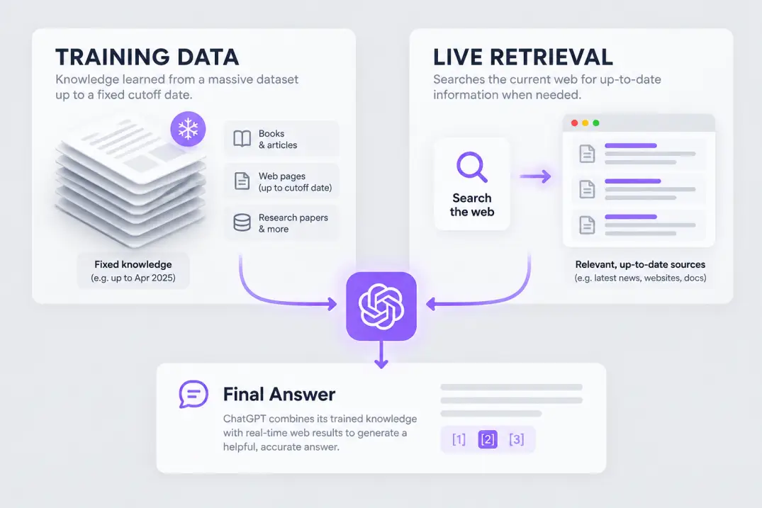 Diagram showing ChatGPT's two-layer process of training data and live retrieval