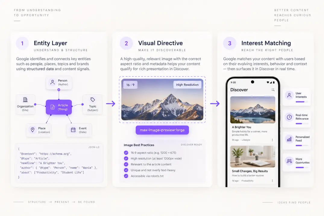 Diagram showing entity mapping, visual directives, and interest matching for Google Discover SEO.