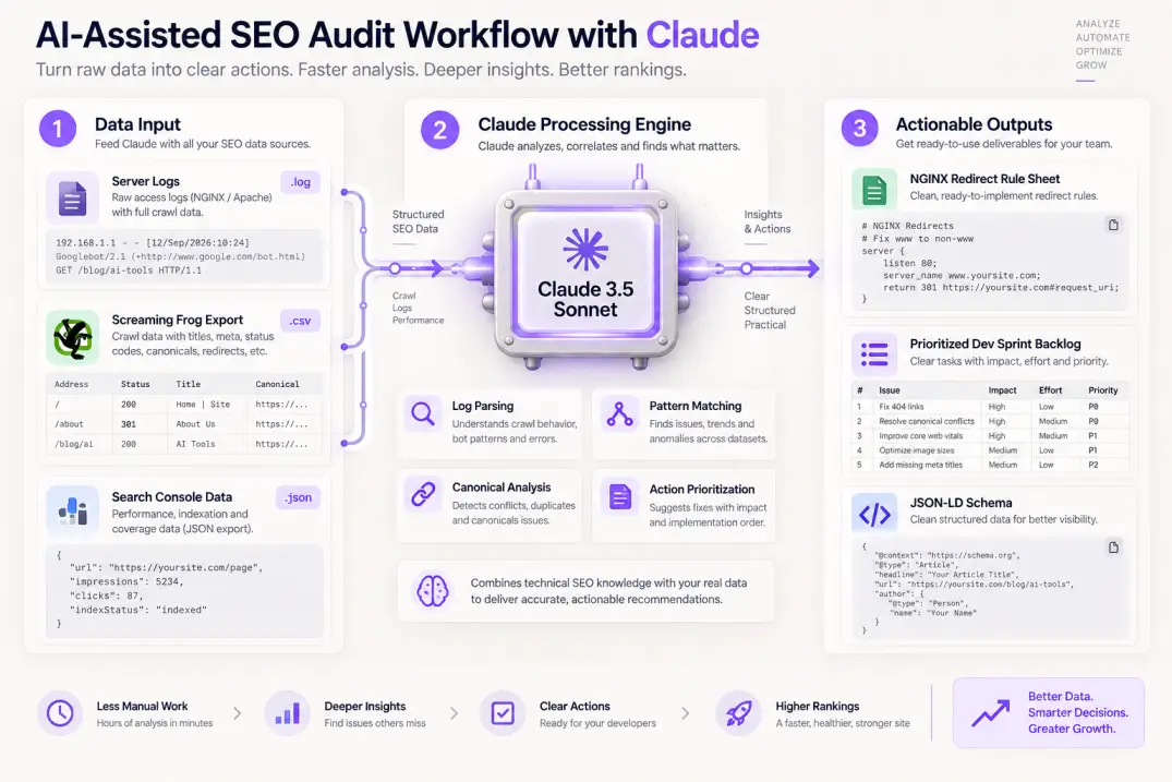 Diagram showing how to use Claude for SEO audits to process crawl logs, detect errors, and generate fixes.
