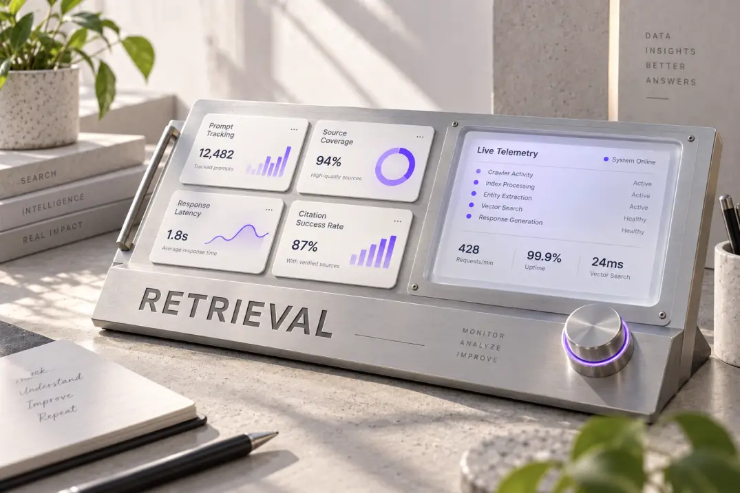 Editorial telemetry workstation with metal hardware display featuring the word retrieval