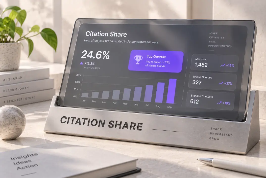Executive analytics dashboard sculpture displaying citation share metric in Manrope lettering