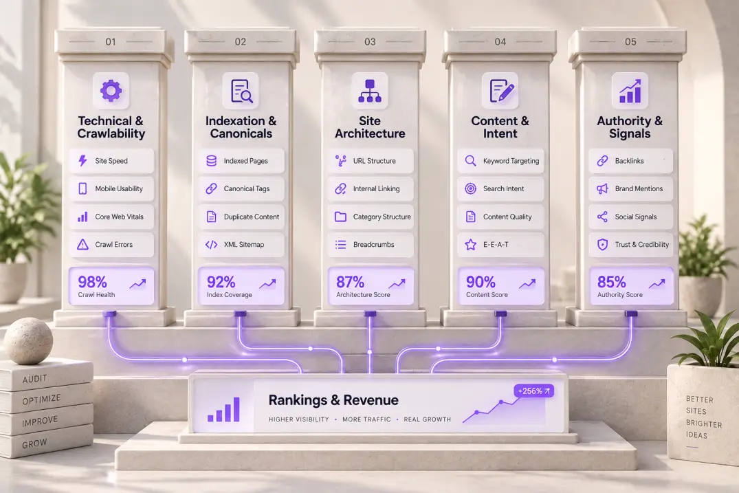 Five-pillar architectural diagram showing technical, indexation, architecture, content, and authority audit layers for SEO audit