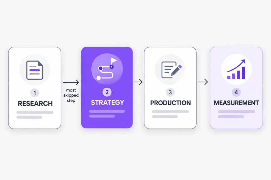 Four-stage pipeline showing research, strategy, production, and measurement