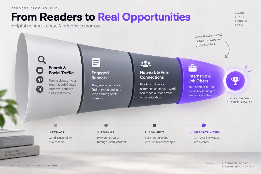Funnel diagram showing how student blogging translates organic traffic into professional career opportunities.