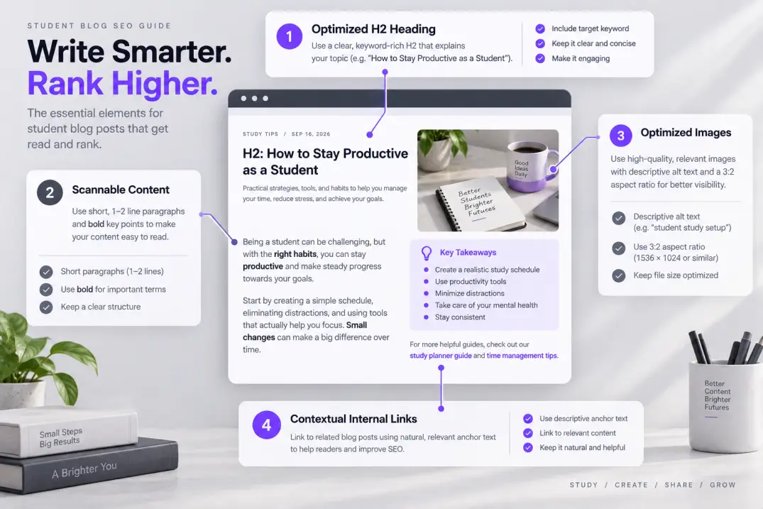 Infographic breaking down SEO architecture and readability layout for student blog websites.