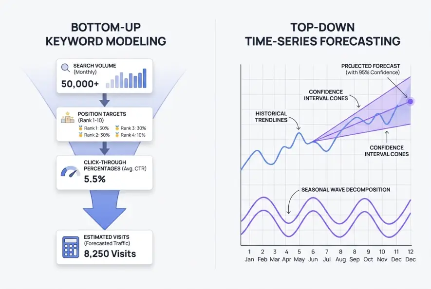 Infographic comparing bottom-up keyword modeling and top-down time-series SEO forecasting methods.