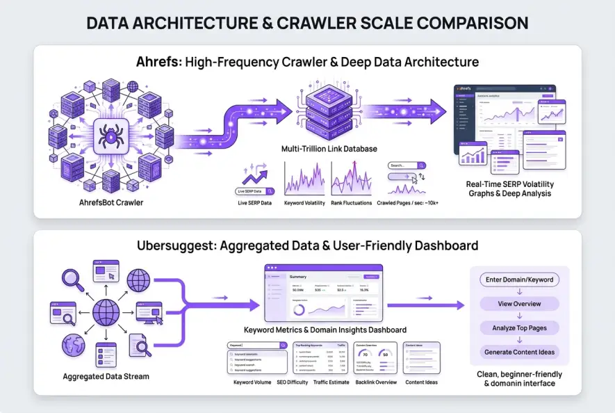 Infographic comparing data crawler architecture and index depth between Ubersuggest and Ahrefs.