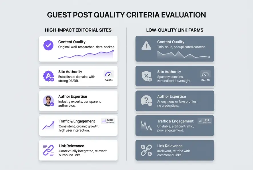 Infographic comparing high-authority editorial blog submission sites versus spammy link farms