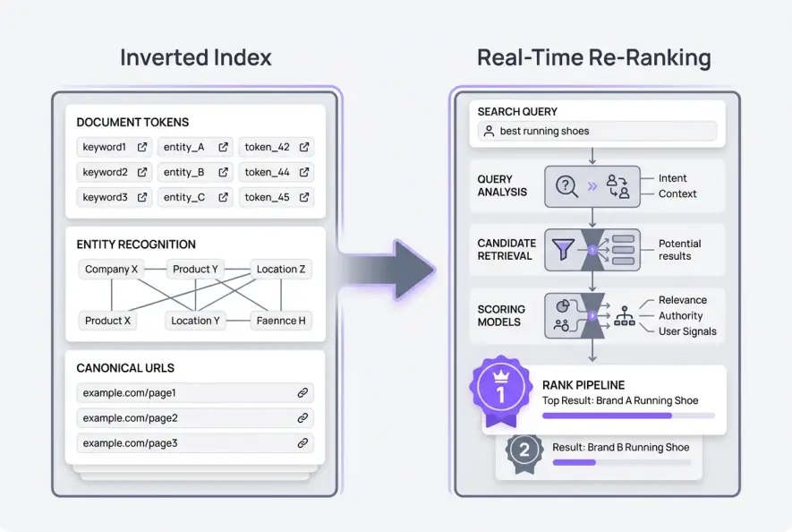 Infographic comparing inverted indexing and real-time reranking in search engines.