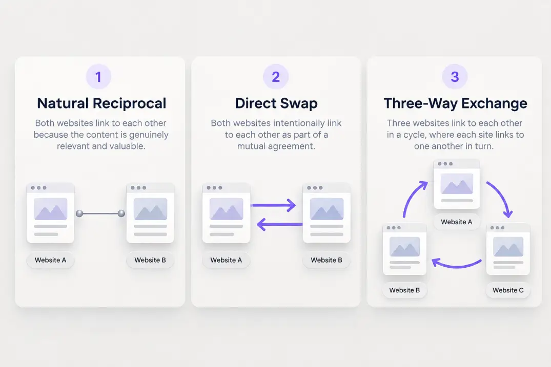Infographic comparing natural reciprocal links, direct link swaps, and three-way backlink exchange structures
