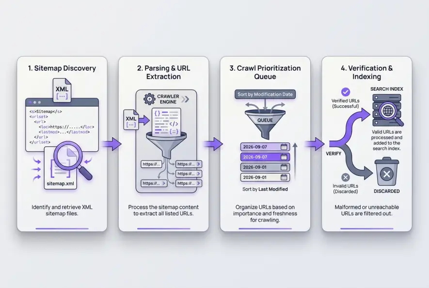 Infographic diagram detailing the four-stage search engine sitemap discovery and parsing pipeline