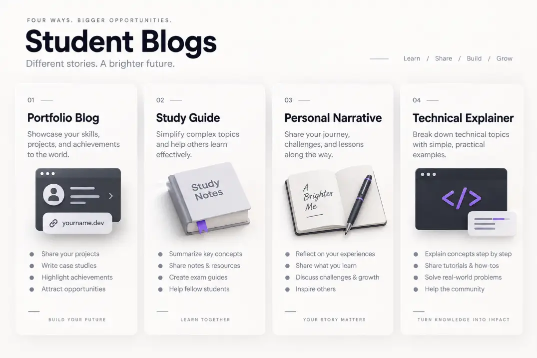 Infographic displaying four student blog archetypes: Portfolio, Study Guide, Personal Narrative, and Technical Explainer.