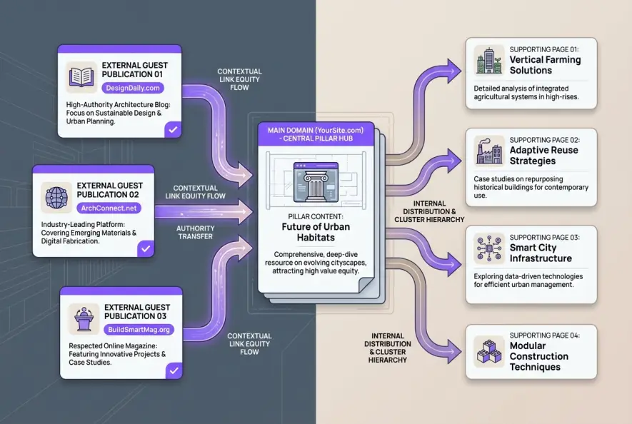 Infographic illustrating organic link equity distribution across blog submission sites and target site architecture
