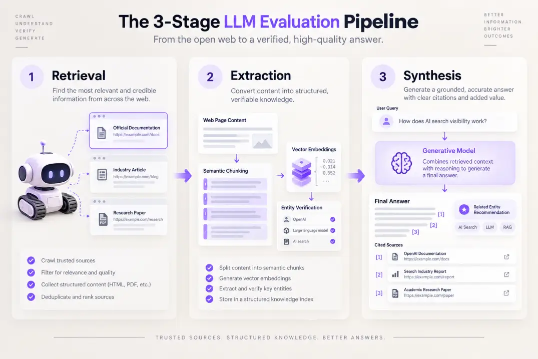Infographic showing the three-stage LLM evaluation pipeline from web retrieval to generative synthesis