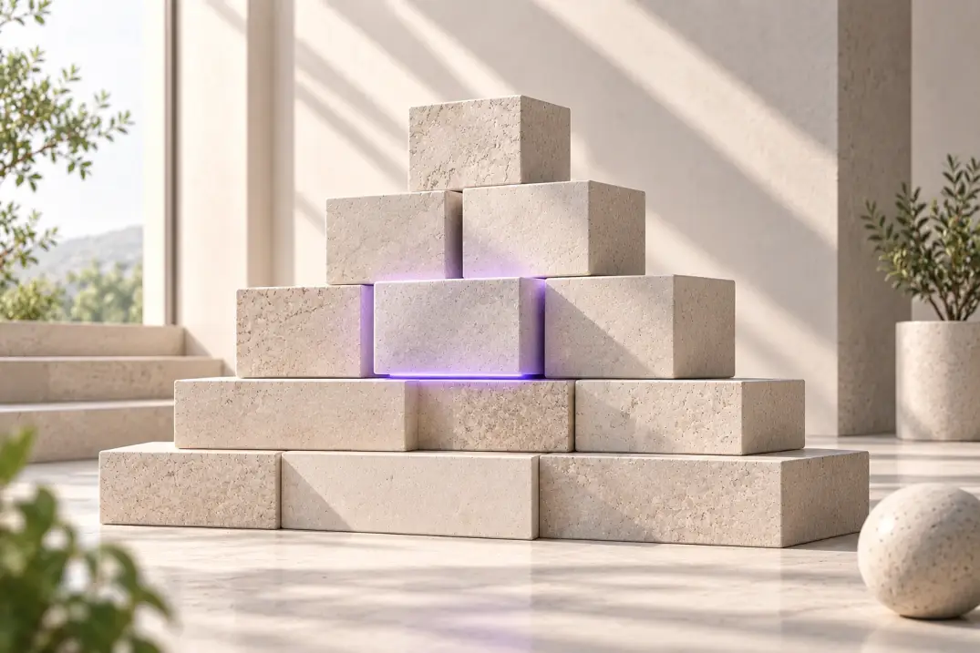 Interlocking stone blocks in natural daylight illustrating foundational link equity and internal distribution.