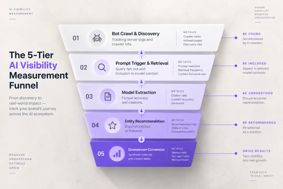 Measurement funnel diagram illustrating five tiers of AI search visibility from bot crawl to conversion