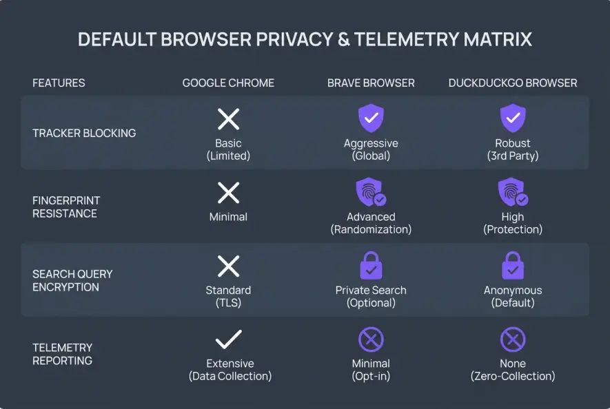 Privacy matrix comparing Google Chrome against top privacy browser alternatives