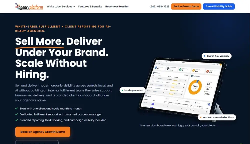 Screenshot of AgencyPlatform.com agency reseller dashboard and audit generator