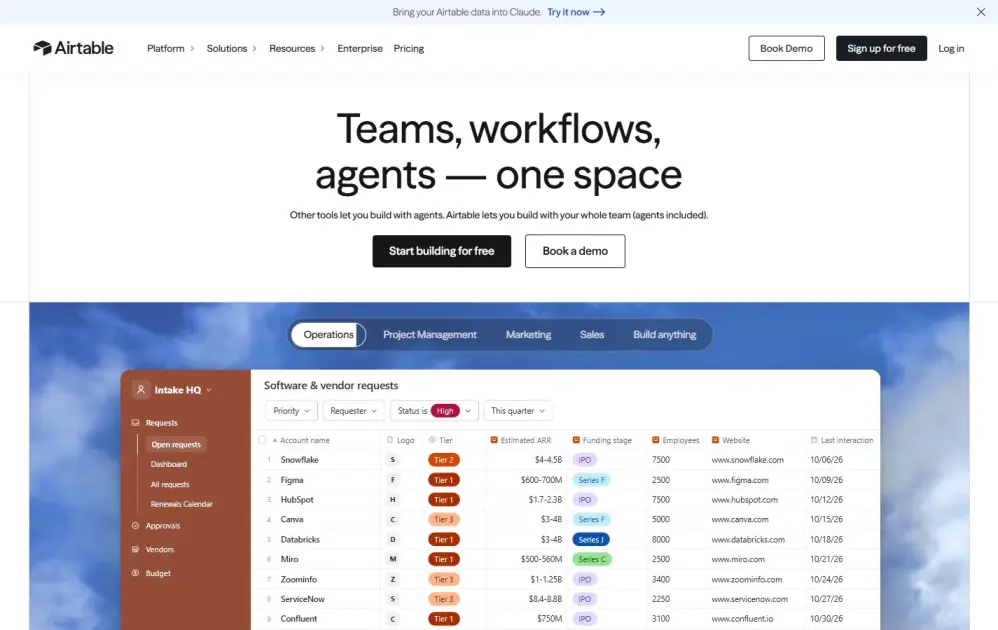 Screenshot of airtable.com homepage displaying relational database tables and content tracking