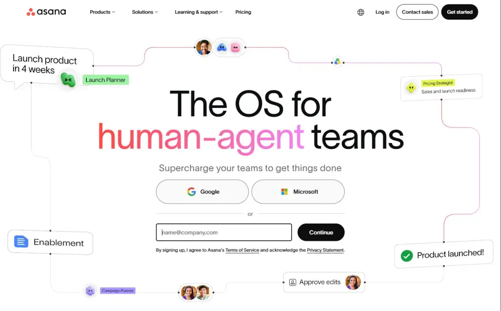 Screenshot of asana.com homepage featuring marketing team project management workflows explaining content roadmap