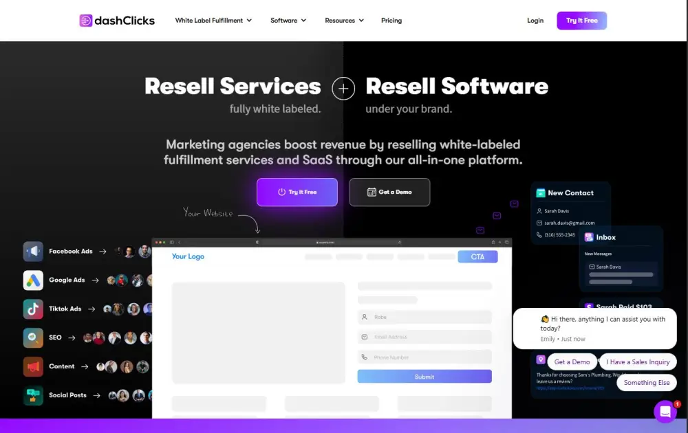 Screenshot of DashClicks.com agency CRM and search optimization fulfillment suite