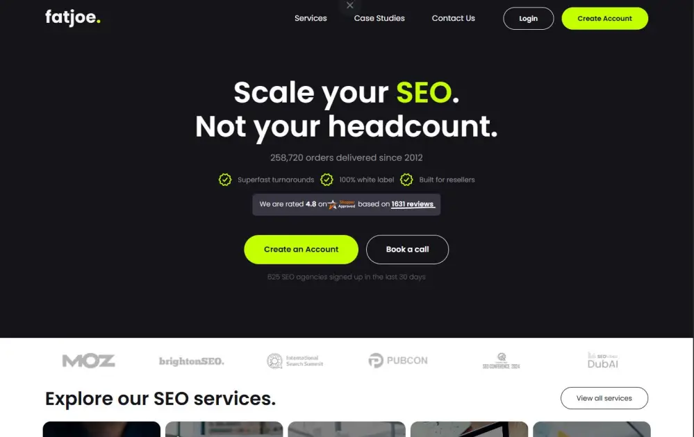 Screenshot of FATJOE.com on-demand link building and white label seo platform
