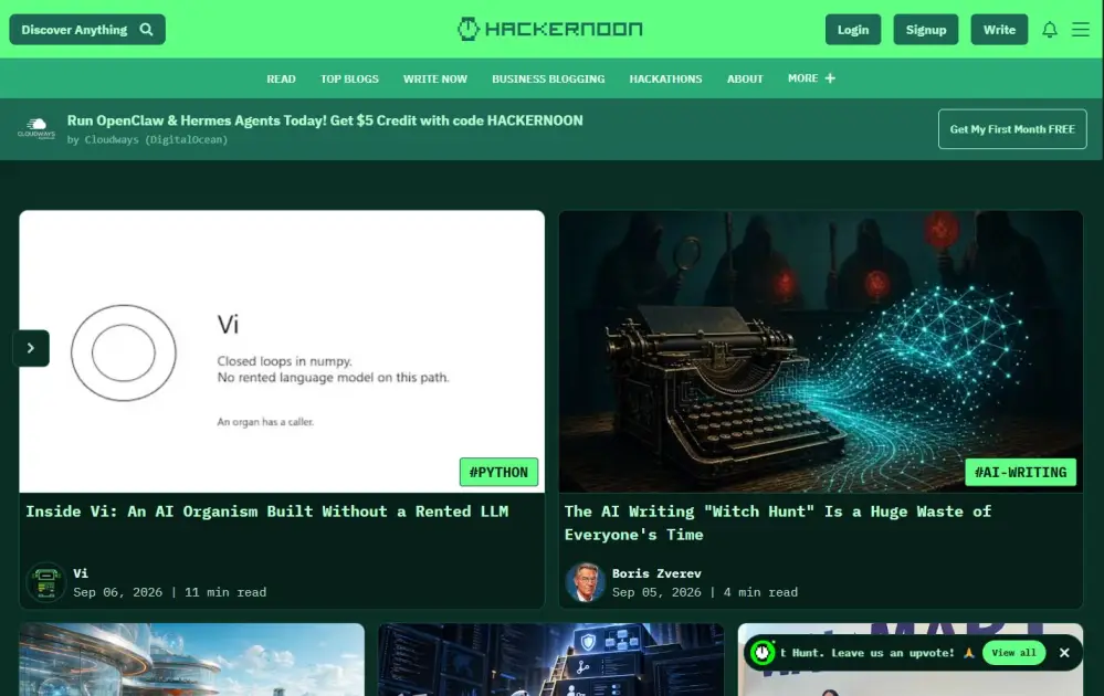 Screenshot of hackernoon.com homepage featuring technology and developer articles