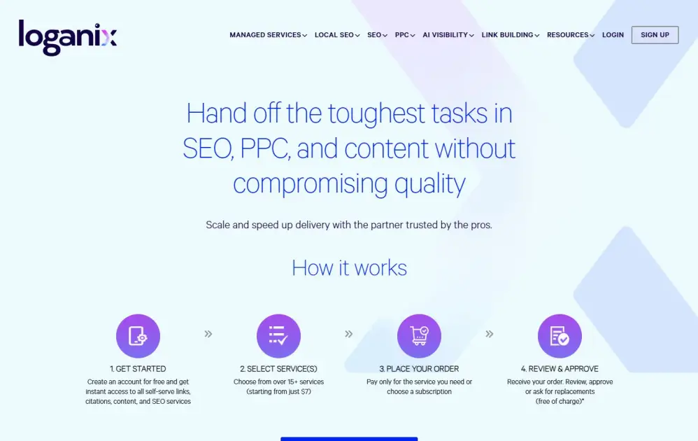 Screenshot of Loganix.com reporting interface and quality-controlled SEO deliverables