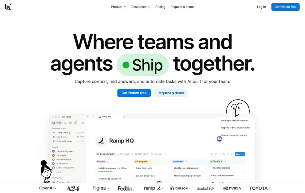 Screenshot of notion.so homepage showing modular project documentation and database tables