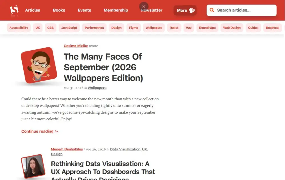 Screenshot of smashingmagazine.com homepage showing web design and developer articles