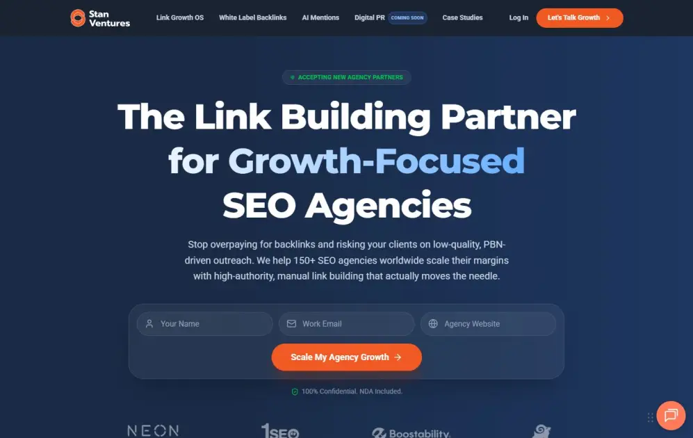 Screenshot of StanVentures.com blogger outreach and white label link building portal