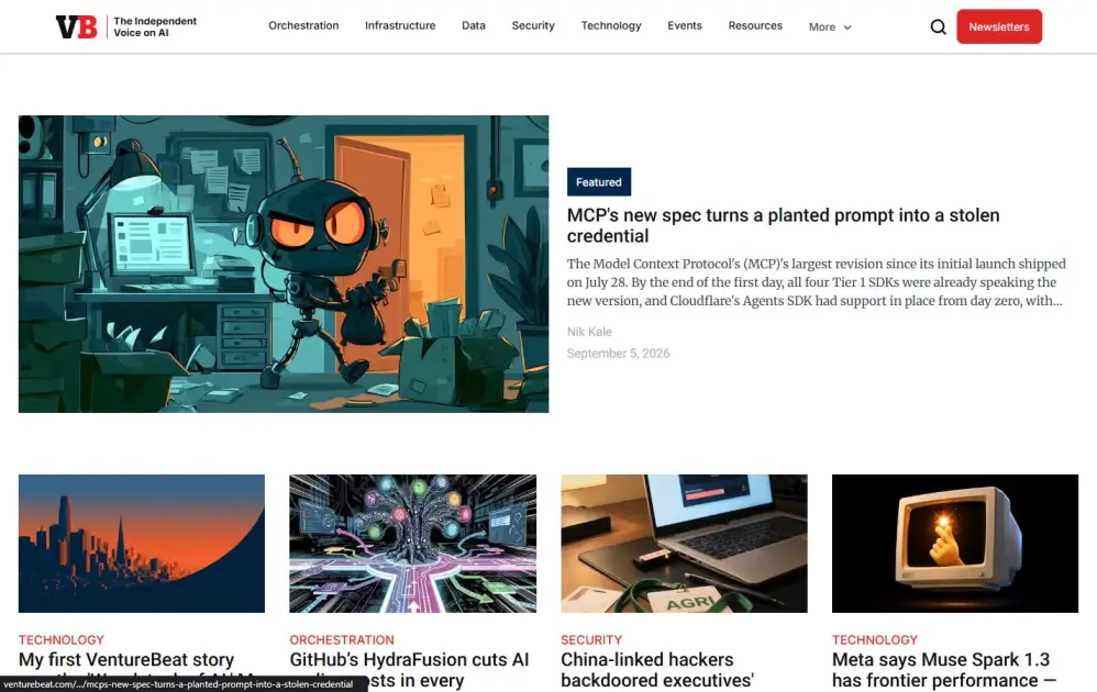 Screenshot of venturebeat.com homepage highlighting enterprise AI and tech news