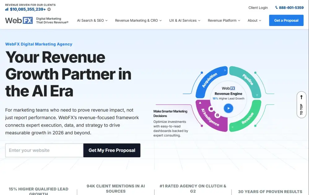 Screenshot of WebFX.com MarketingCloudFX platform showing search ROI tracking